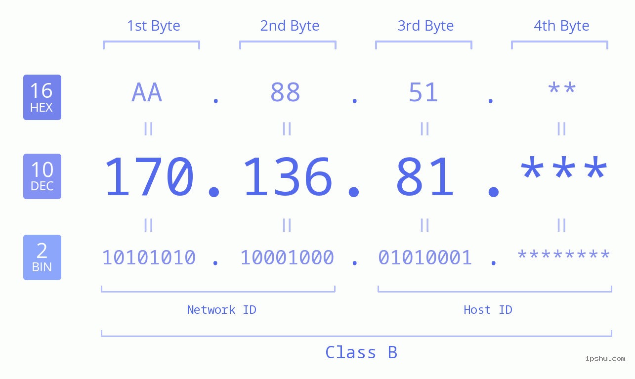 IP Address: 170.136.81 Data Structure Chart BIN DEC HEX IPv4: 170.136.81 Network Class, Net ID, Host ID