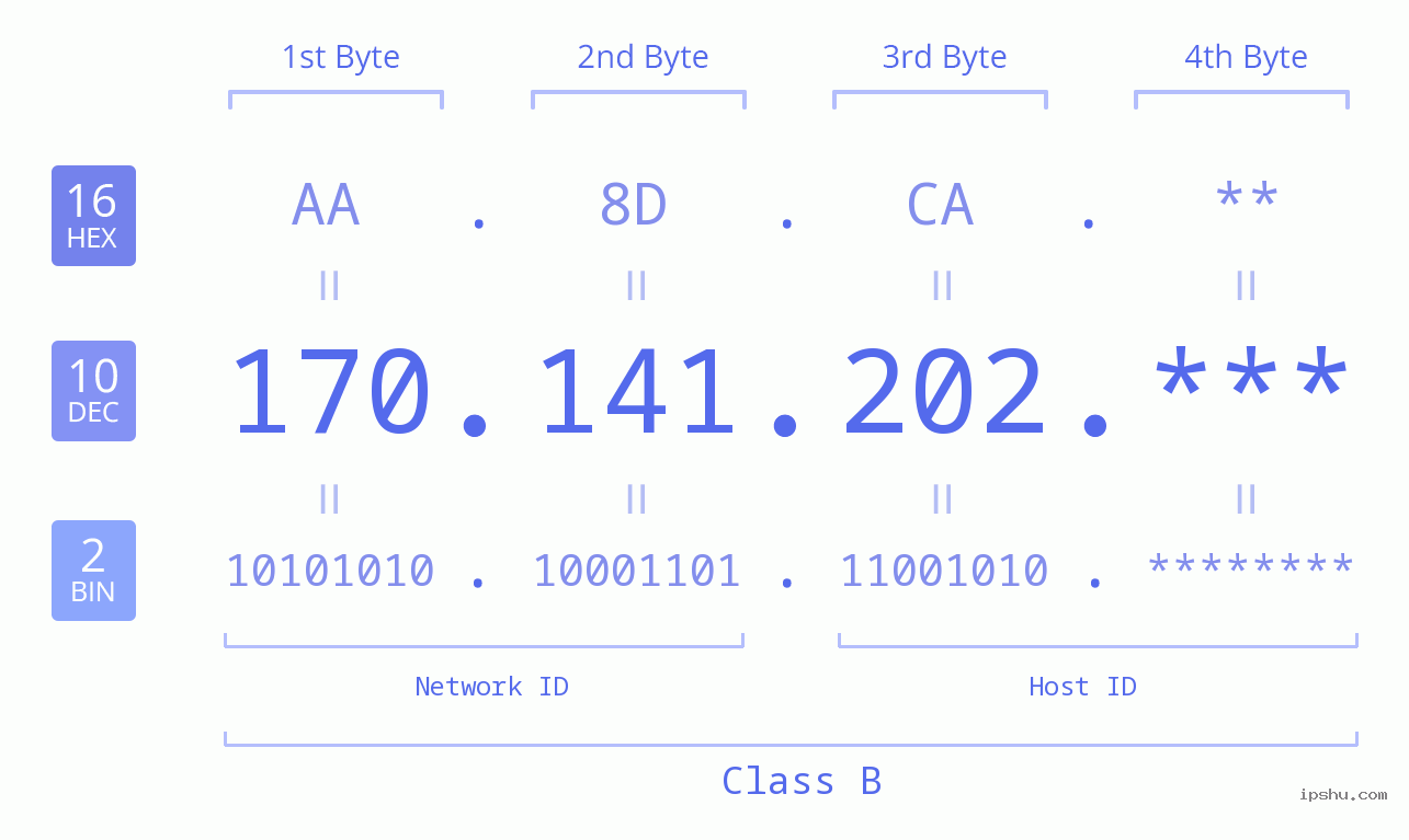 IP Address: 170.141.202 Data Structure Chart BIN DEC HEX IPv4: 170.141.202 Network Class, Net ID, Host ID
