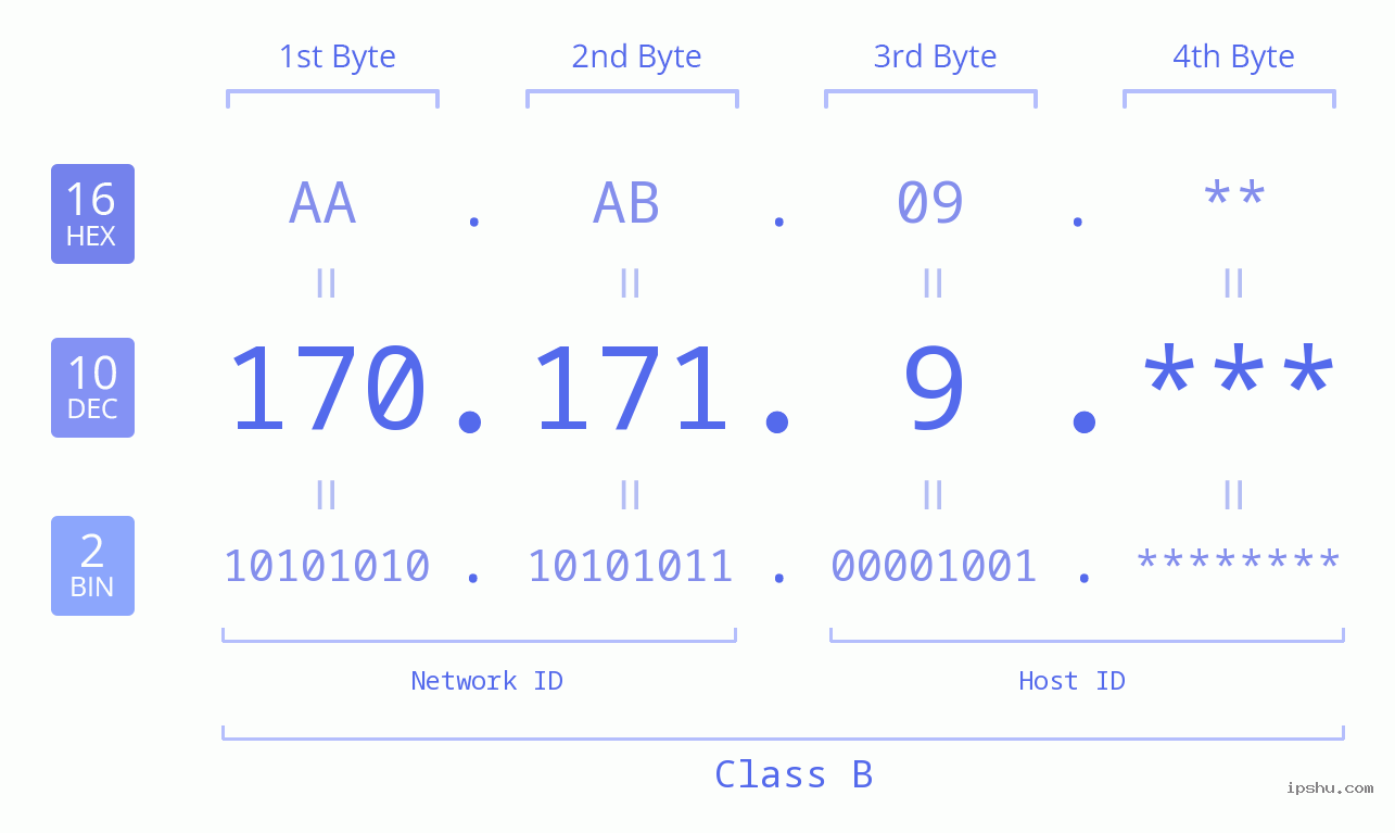 IP Address: 170.171.9 Data Structure Chart BIN DEC HEX IPv4: 170.171.9 Network Class, Net ID, Host ID