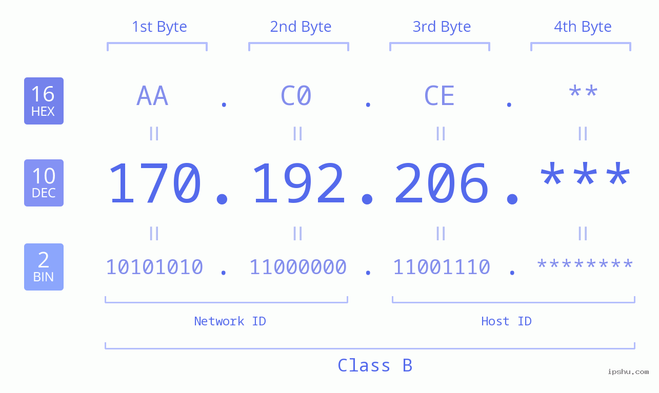IP Address: 170.192.206 Data Structure Chart BIN DEC HEX IPv4: 170.192.206 Network Class, Net ID, Host ID