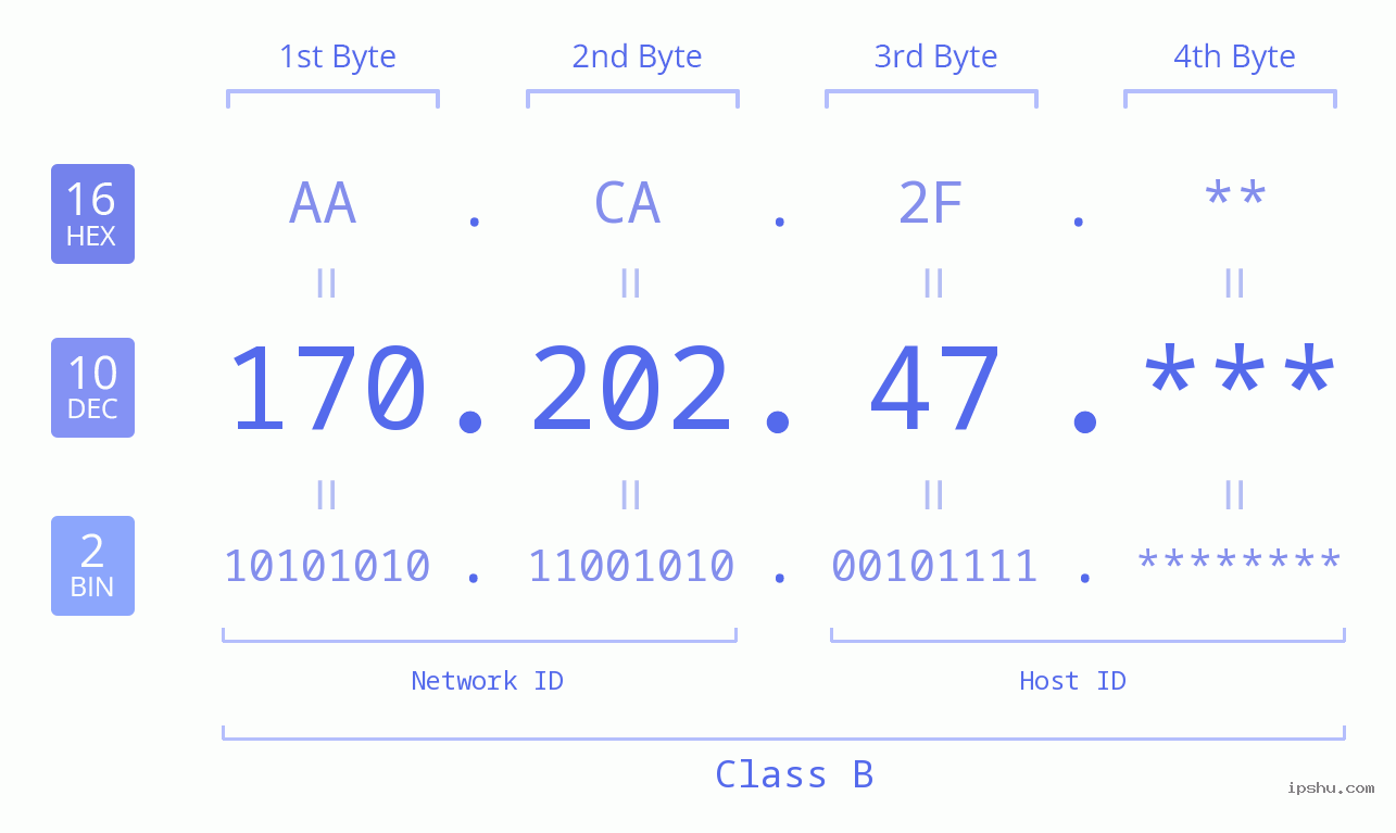 IP Address: 170.202.47 Data Structure Chart BIN DEC HEX IPv4: 170.202.47 Network Class, Net ID, Host ID