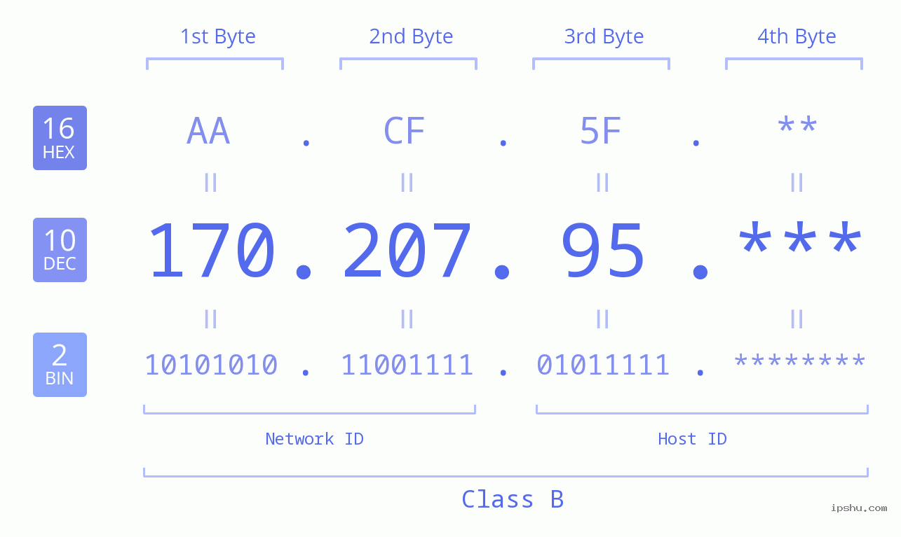 IP Address: 170.207.95 Data Structure Chart BIN DEC HEX IPv4: 170.207.95 Network Class, Net ID, Host ID