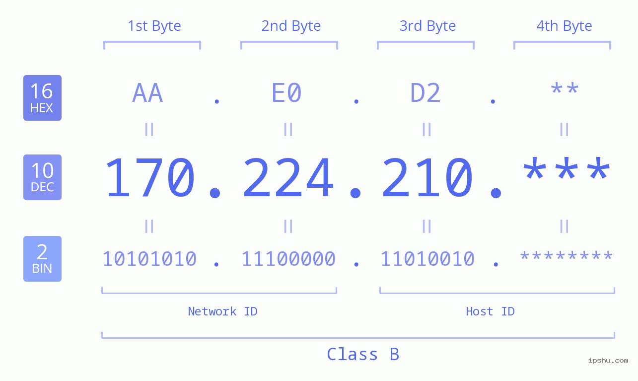 IP Address: 170.224.210 Data Structure Chart BIN DEC HEX IPv4: 170.224.210 Network Class, Net ID, Host ID