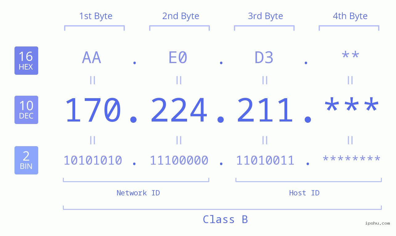 IP Address: 170.224.211 Data Structure Chart BIN DEC HEX IPv4: 170.224.211 Network Class, Net ID, Host ID