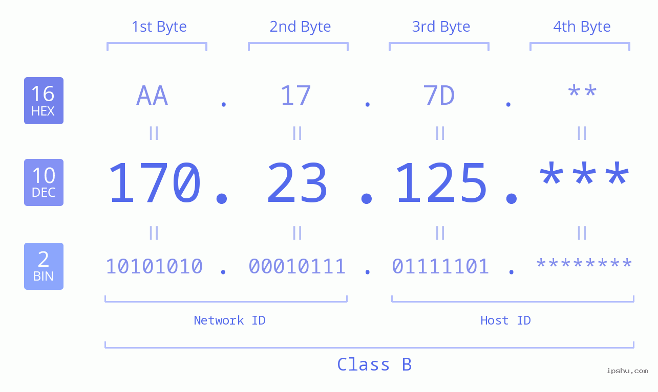 IP Address: 170.23.125 Data Structure Chart BIN DEC HEX IPv4: 170.23.125 Network Class, Net ID, Host ID