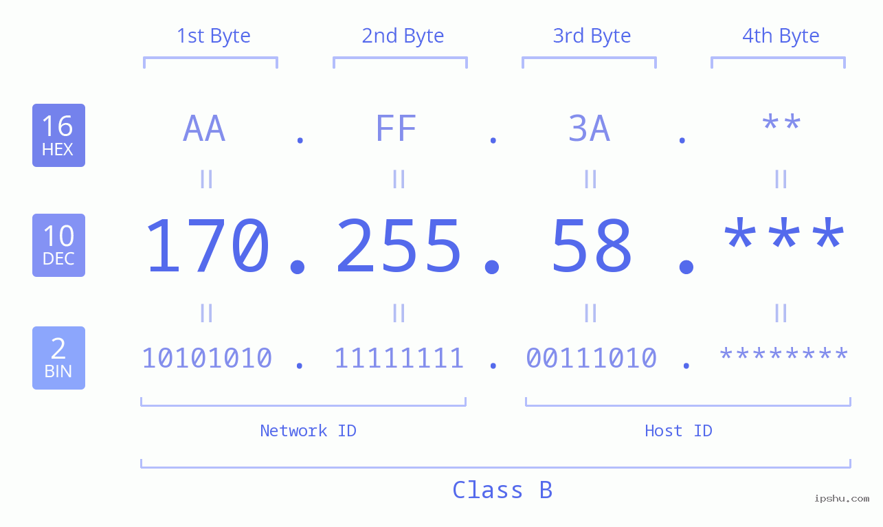 IP Address: 170.255.58 Data Structure Chart BIN DEC HEX IPv4: 170.255.58 Network Class, Net ID, Host ID