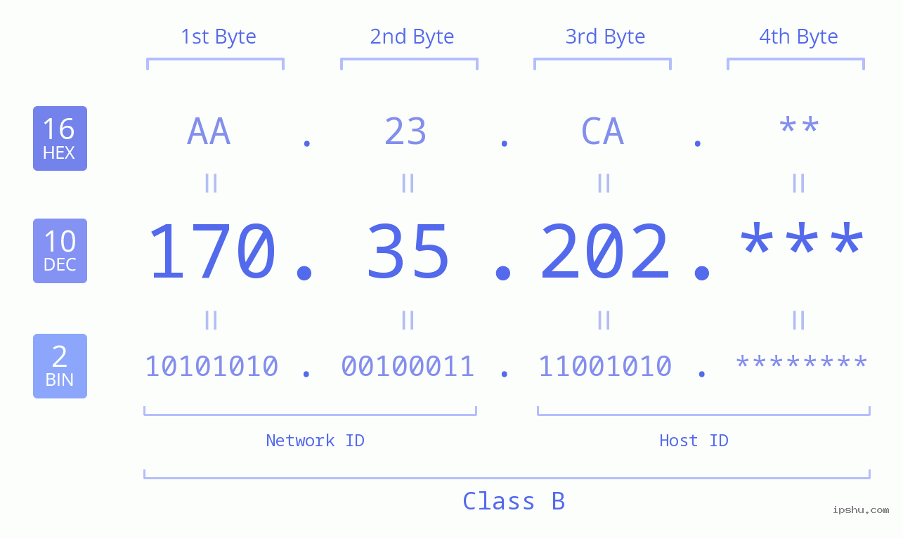 IP Address: 170.35.202 Data Structure Chart BIN DEC HEX IPv4: 170.35.202 Network Class, Net ID, Host ID