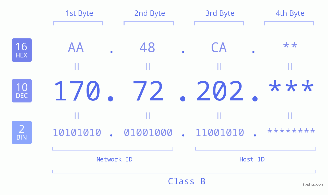 IP Address: 170.72.202 Data Structure Chart BIN DEC HEX IPv4: 170.72.202 Network Class, Net ID, Host ID