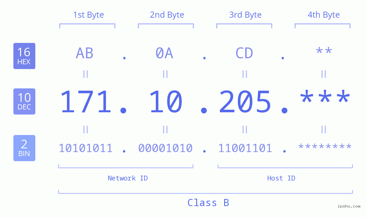 IP Address: 171.10.205 Data Structure Chart BIN DEC HEX IPv4: 171.10.205 Network Class, Net ID, Host ID