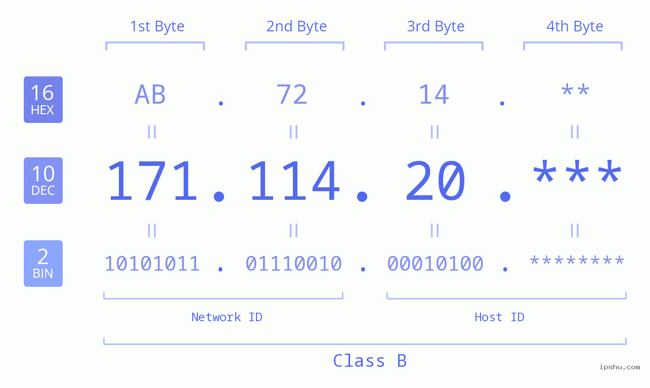 IP Address: 171.114.20 Data Structure Chart BIN DEC HEX IPv4: 171.114.20 Network Class, Net ID, Host ID