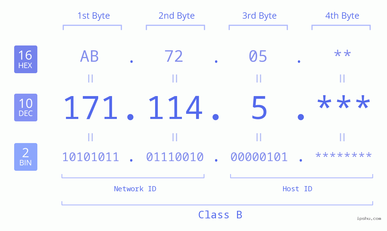 IP Address: 171.114.5 Data Structure Chart BIN DEC HEX IPv4: 171.114.5 Network Class, Net ID, Host ID