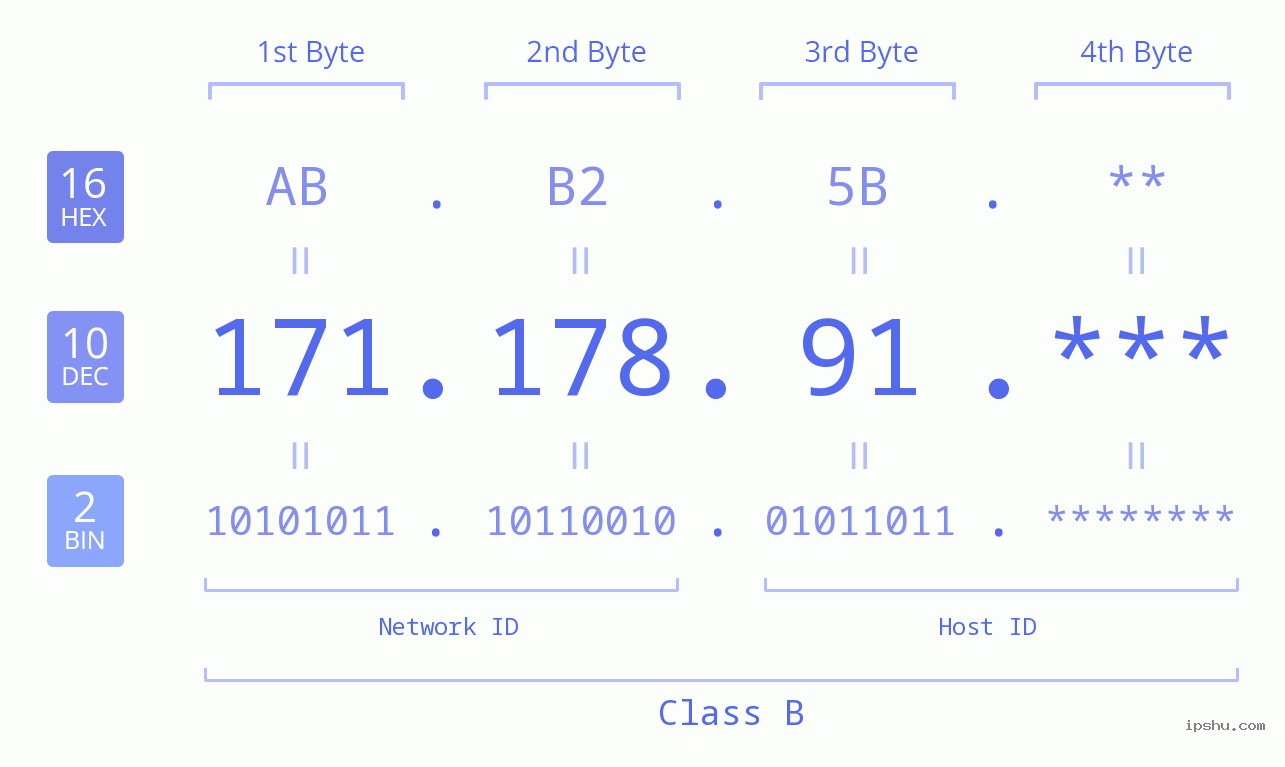 IP Address: 171.178.91 Data Structure Chart BIN DEC HEX IPv4: 171.178.91 Network Class, Net ID, Host ID