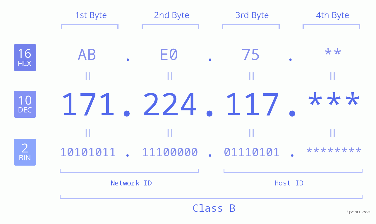 IP Address: 171.224.117 Data Structure Chart BIN DEC HEX IPv4: 171.224.117 Network Class, Net ID, Host ID