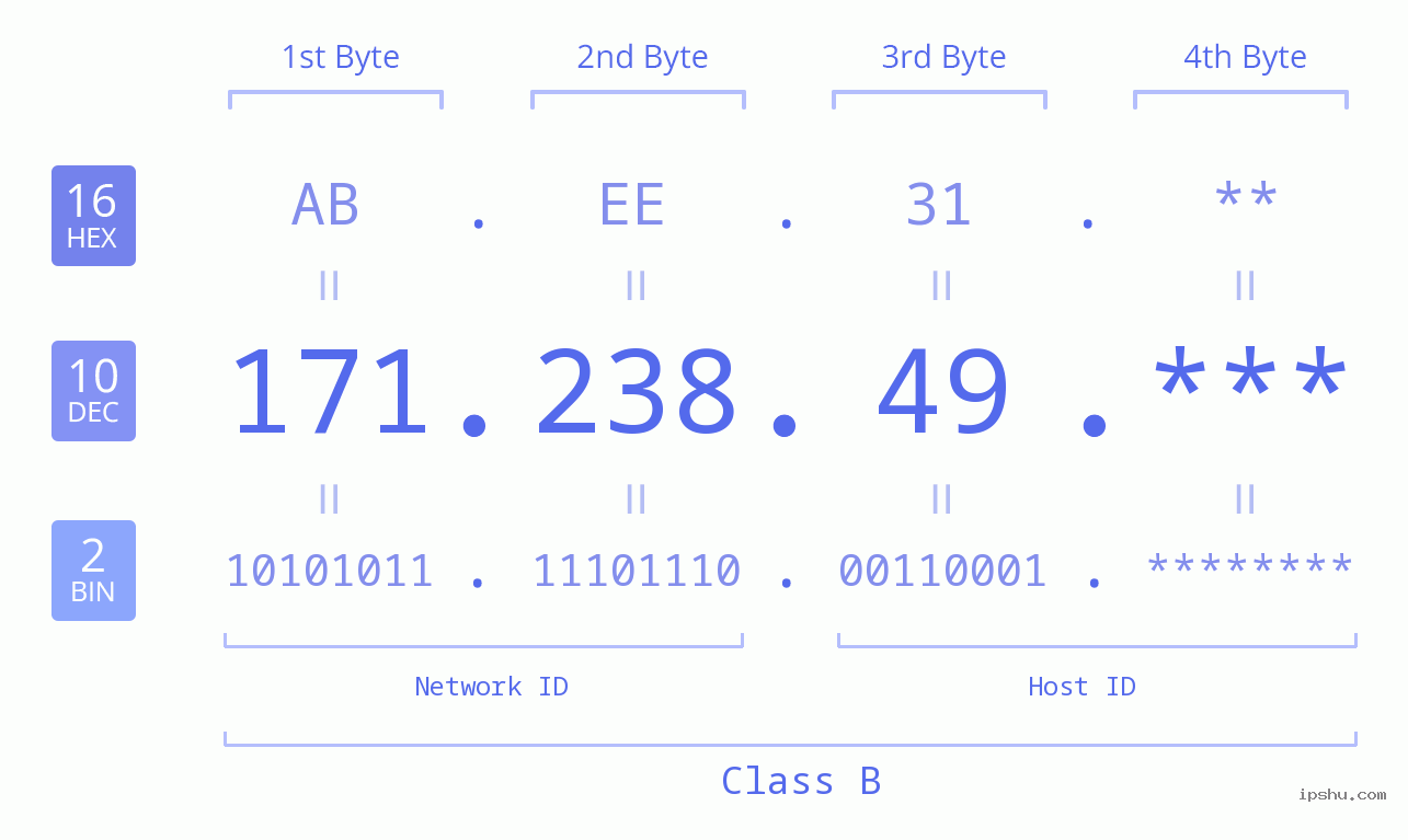 IP Address: 171.238.49 Data Structure Chart BIN DEC HEX IPv4: 171.238.49 Network Class, Net ID, Host ID