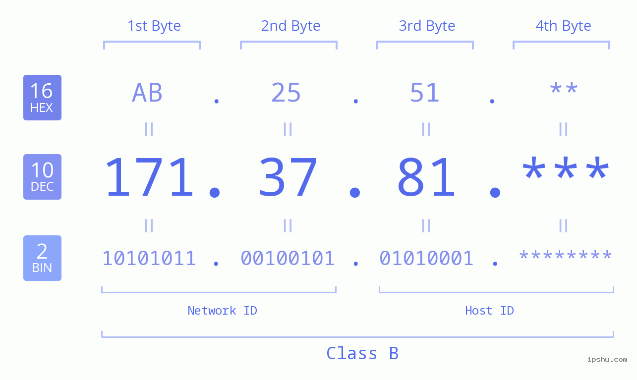 IP Address: 171.37.81 Data Structure Chart BIN DEC HEX IPv4: 171.37.81 Network Class, Net ID, Host ID