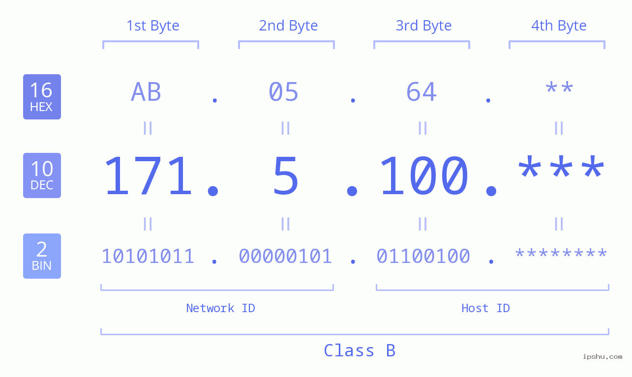 IP Address: 171.5.100 Data Structure Chart BIN DEC HEX IPv4: 171.5.100 Network Class, Net ID, Host ID