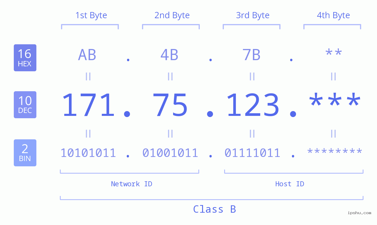 IP Address: 171.75.123 Data Structure Chart BIN DEC HEX IPv4: 171.75.123 Network Class, Net ID, Host ID