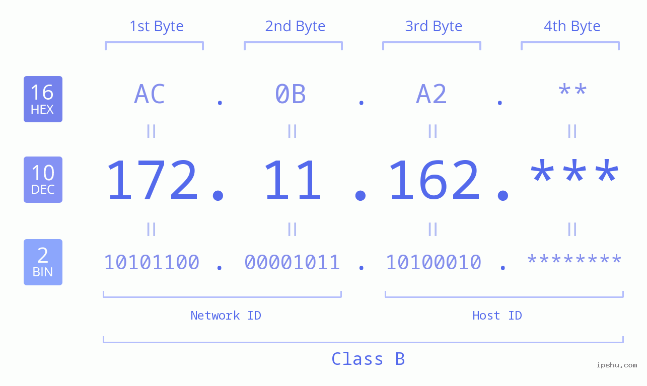 IP Address: 172.11.162 Data Structure Chart BIN DEC HEX IPv4: 172.11.162 Network Class, Net ID, Host ID