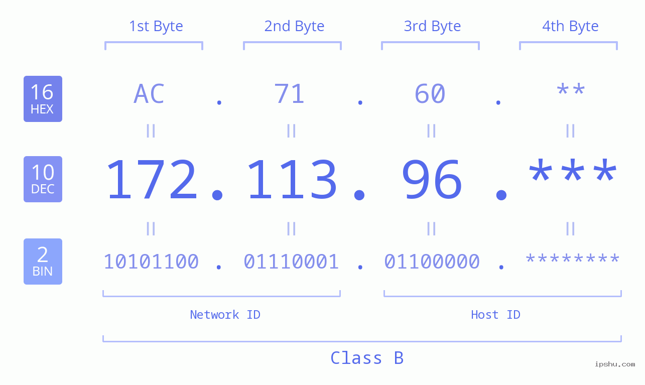 IP Address: 172.113.96 Data Structure Chart BIN DEC HEX IPv4: 172.113.96 Network Class, Net ID, Host ID