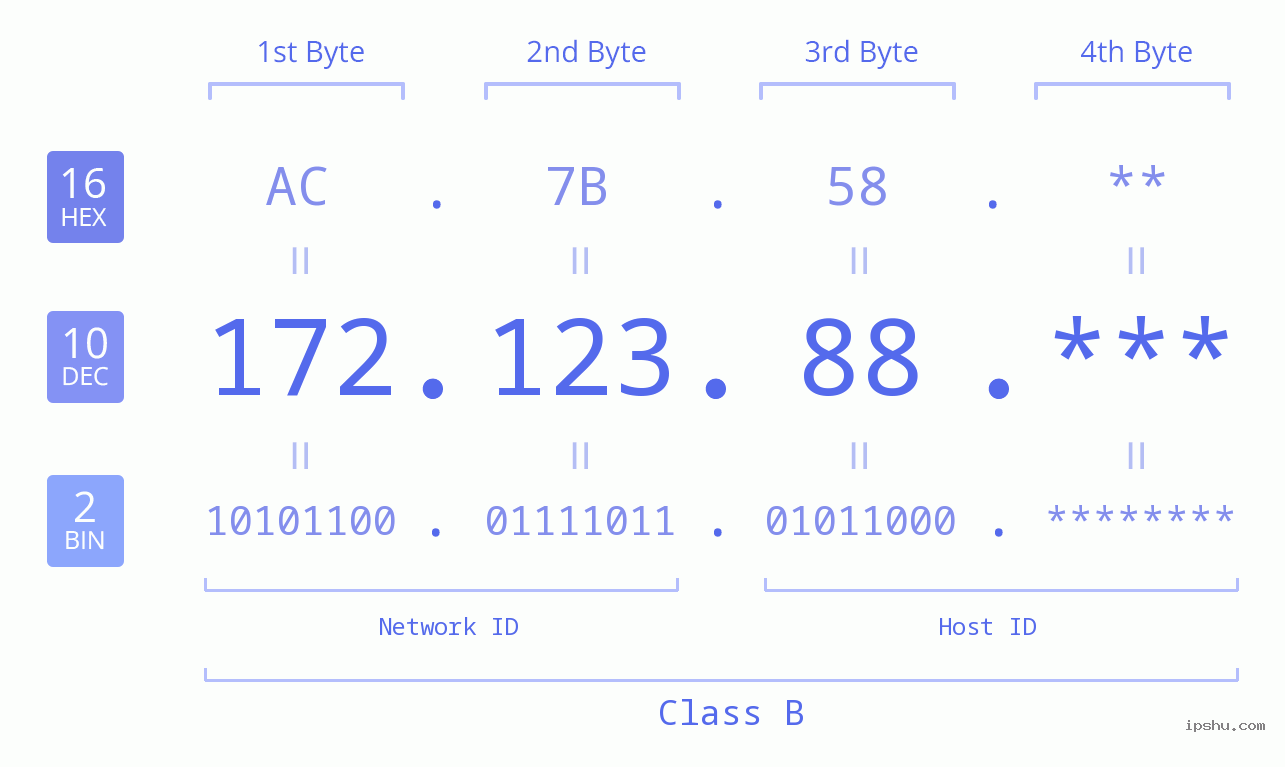 IP Address: 172.123.88 Data Structure Chart BIN DEC HEX IPv4: 172.123.88 Network Class, Net ID, Host ID
