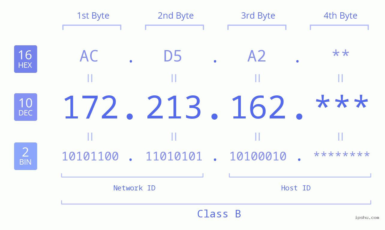 IP Address: 172.213.162 Data Structure Chart BIN DEC HEX IPv4: 172.213.162 Network Class, Net ID, Host ID