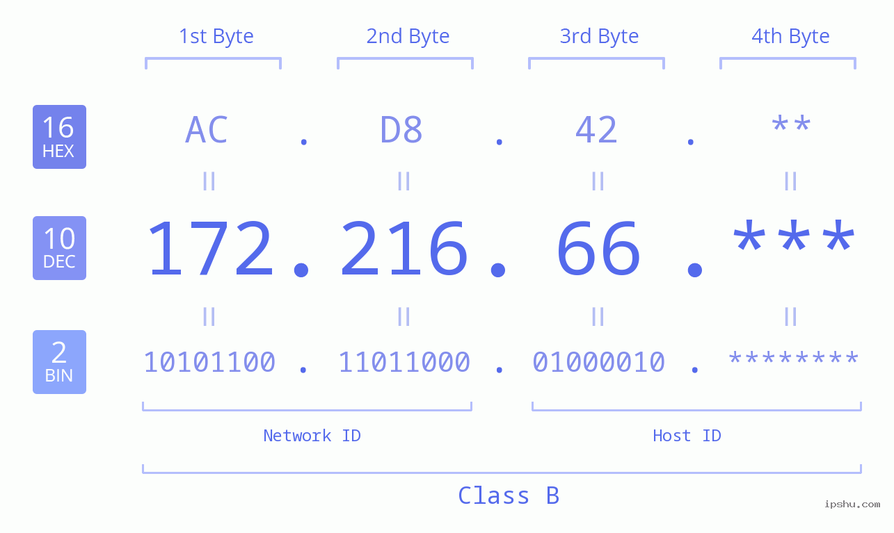 IP Address: 172.216.66 Data Structure Chart BIN DEC HEX IPv4: 172.216.66 Network Class, Net ID, Host ID