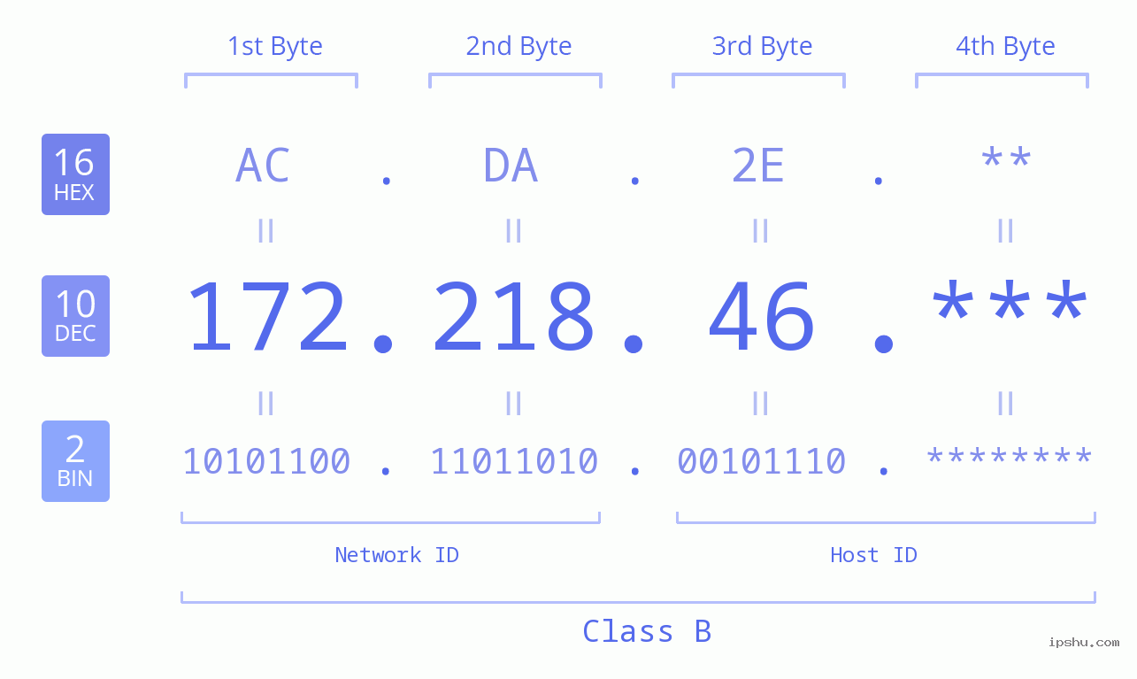 IP Address: 172.218.46 Data Structure Chart BIN DEC HEX IPv4: 172.218.46 Network Class, Net ID, Host ID
