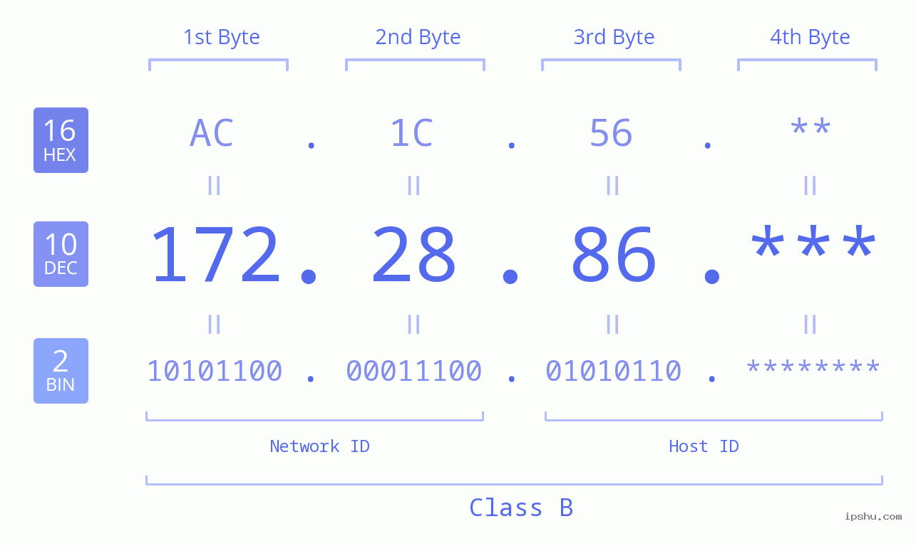 IP Address: 172.28.86 Data Structure Chart BIN DEC HEX IPv4: 172.28.86 Network Class, Net ID, Host ID