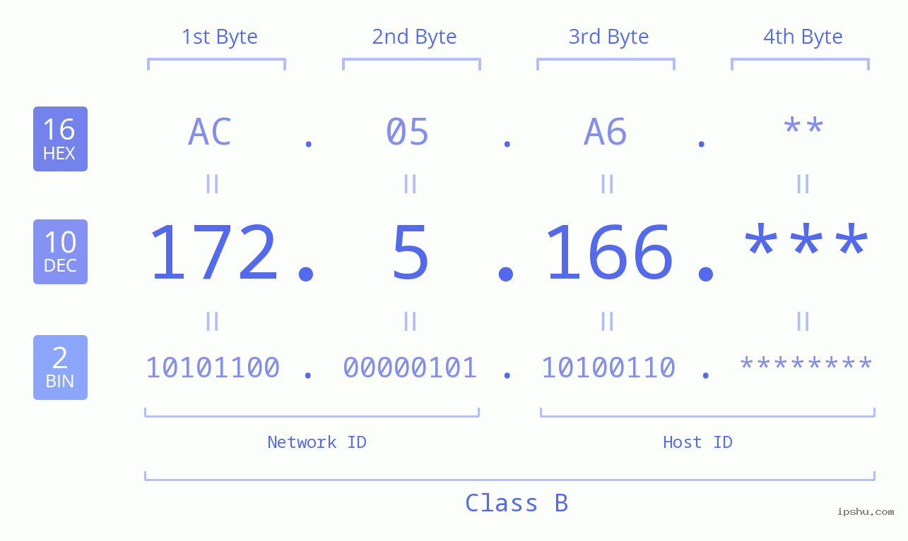 IP Address: 172.5.166 Data Structure Chart BIN DEC HEX IPv4: 172.5.166 Network Class, Net ID, Host ID