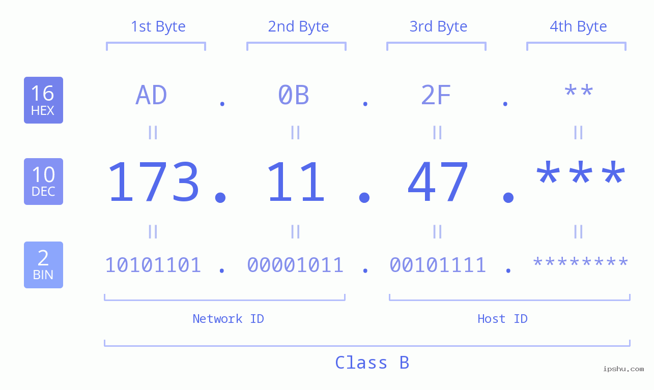 IP Address: 173.11.47 Data Structure Chart BIN DEC HEX IPv4: 173.11.47 Network Class, Net ID, Host ID