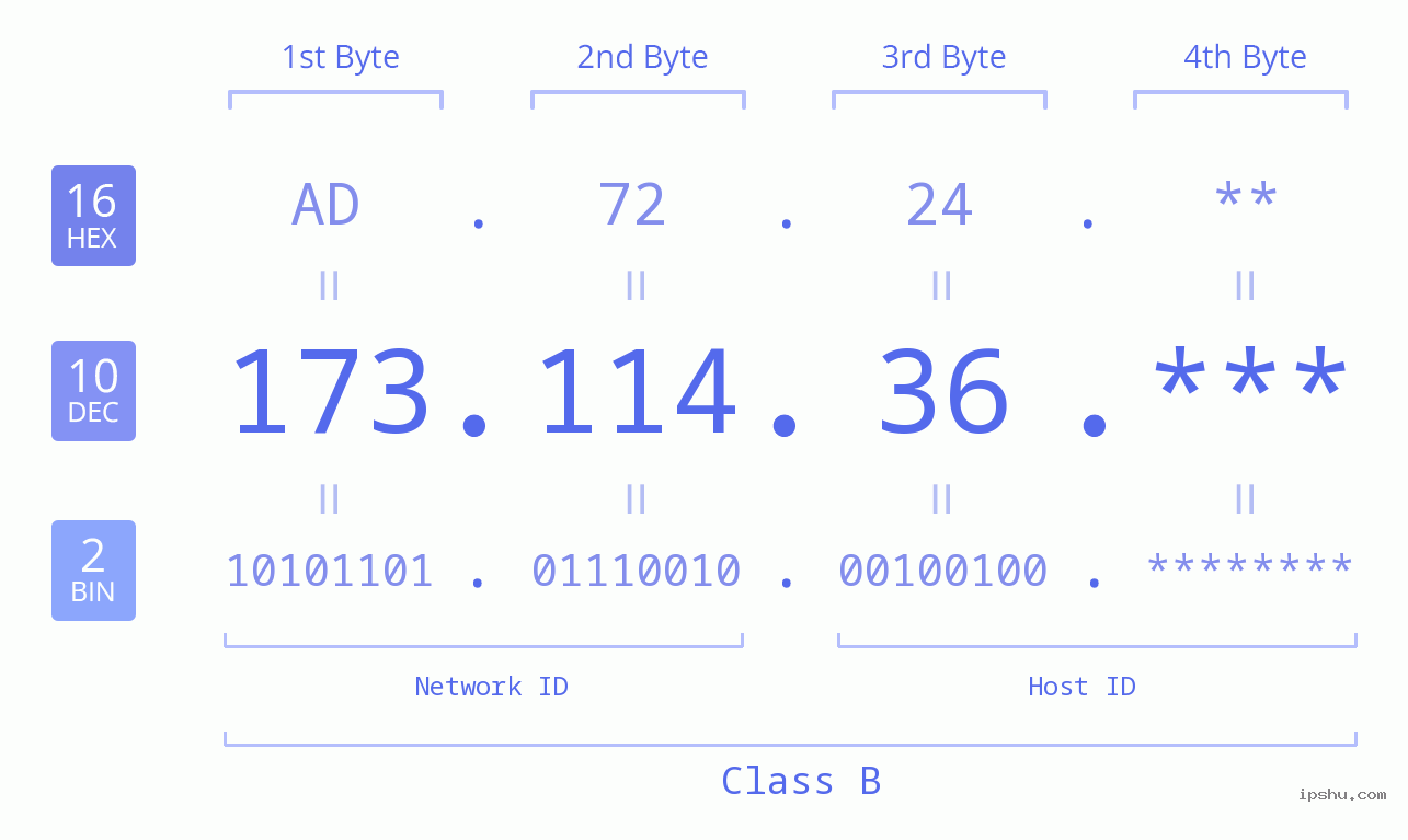 IP Address: 173.114.36 Data Structure Chart BIN DEC HEX IPv4: 173.114.36 Network Class, Net ID, Host ID