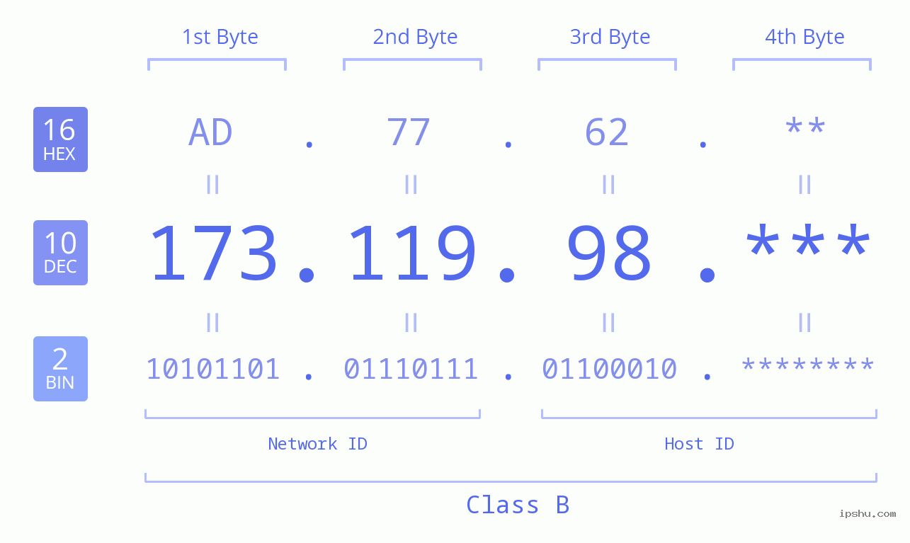 IP Address: 173.119.98 Data Structure Chart BIN DEC HEX IPv4: 173.119.98 Network Class, Net ID, Host ID