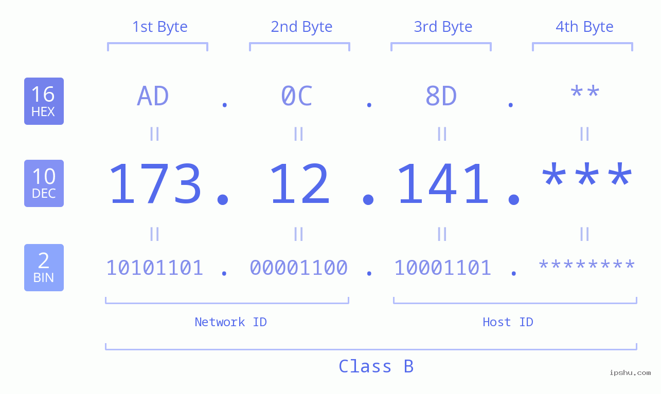 IP Address: 173.12.141 Data Structure Chart BIN DEC HEX IPv4: 173.12.141 Network Class, Net ID, Host ID