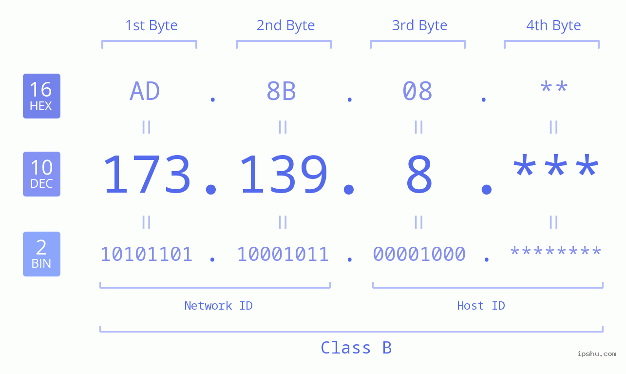 IP Address: 173.139.8 Data Structure Chart BIN DEC HEX IPv4: 173.139.8 Network Class, Net ID, Host ID