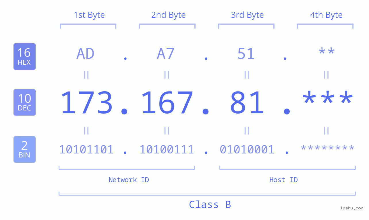 IP Address: 173.167.81 Data Structure Chart BIN DEC HEX IPv4: 173.167.81 Network Class, Net ID, Host ID