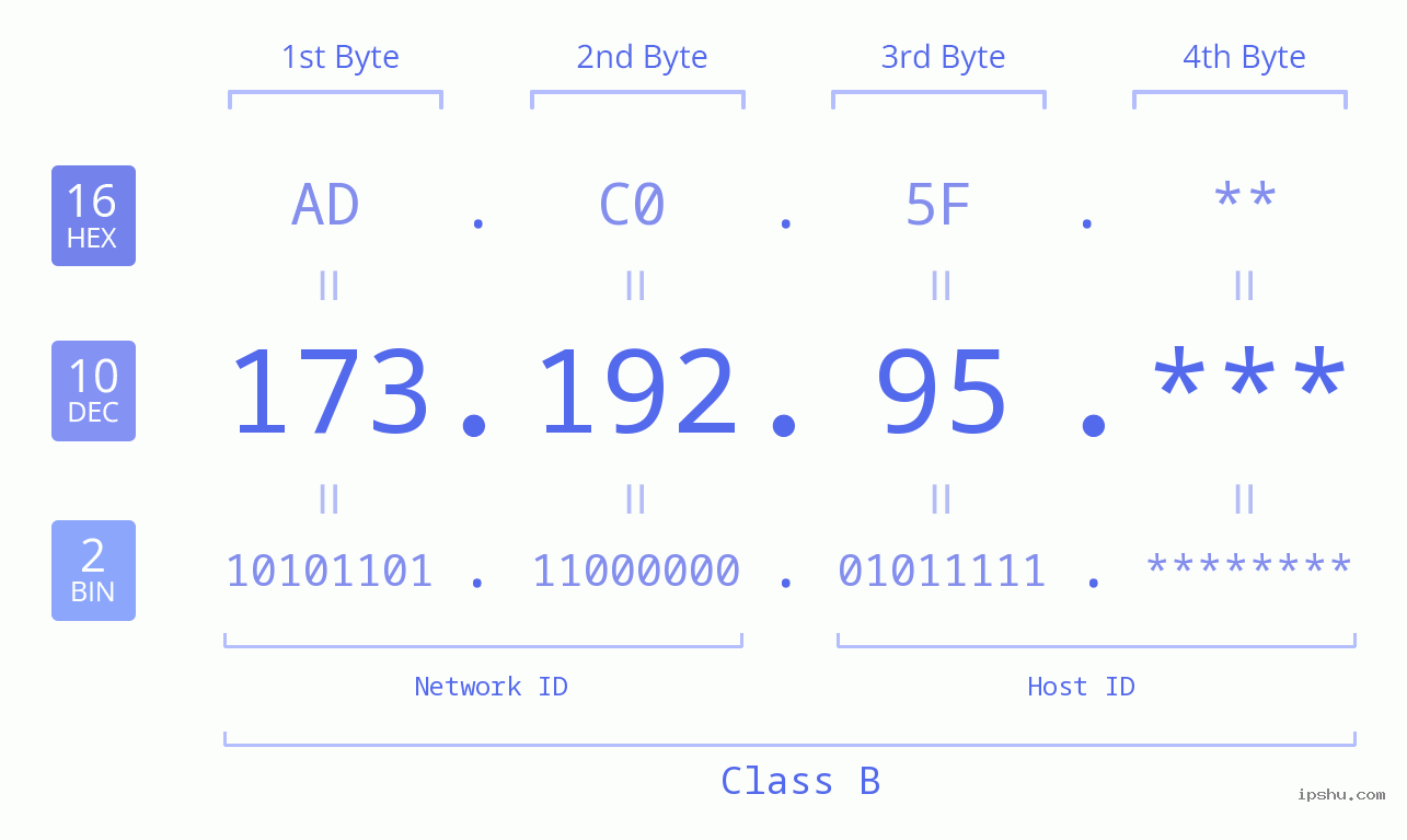 IP Address: 173.192.95 Data Structure Chart BIN DEC HEX IPv4: 173.192.95 Network Class, Net ID, Host ID