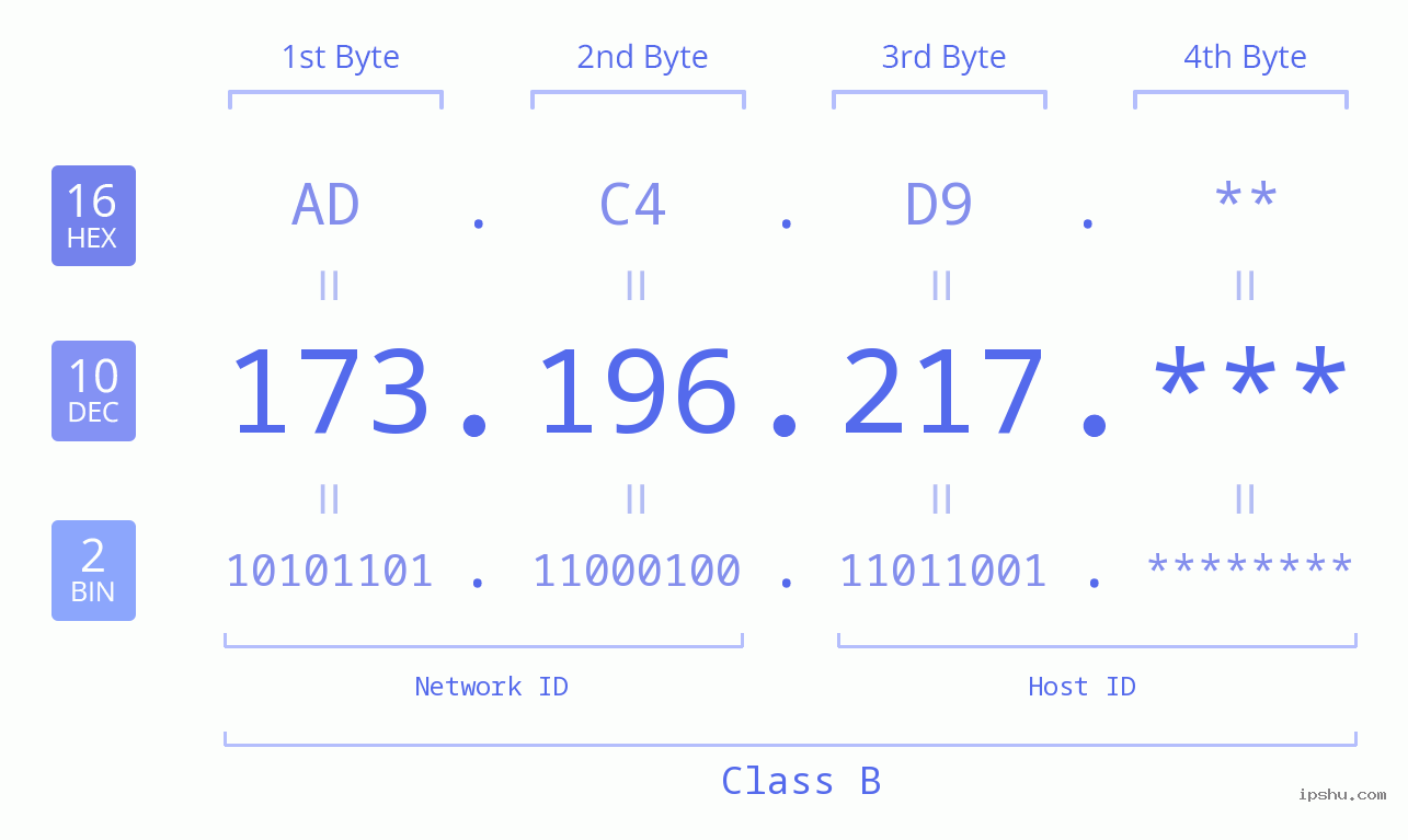 IP Address: 173.196.217 Data Structure Chart BIN DEC HEX IPv4: 173.196.217 Network Class, Net ID, Host ID