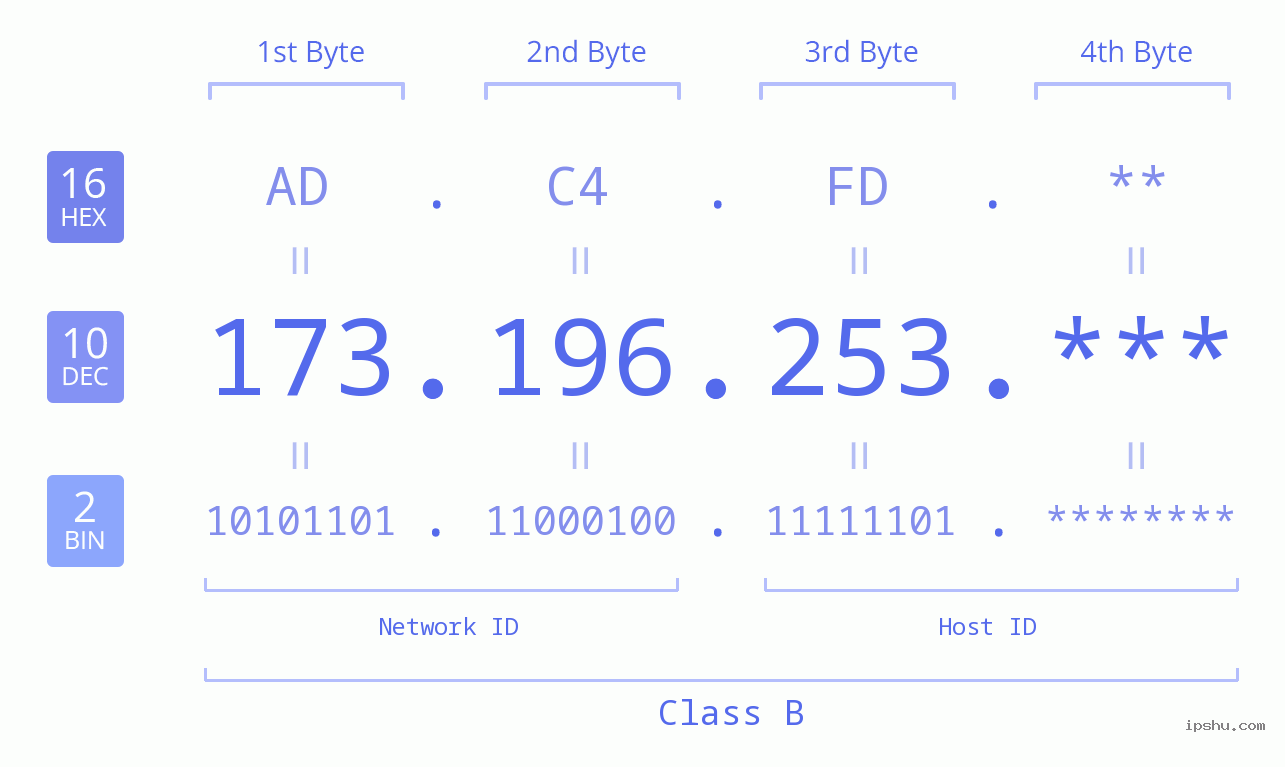 IP Address: 173.196.253 Data Structure Chart BIN DEC HEX IPv4: 173.196.253 Network Class, Net ID, Host ID