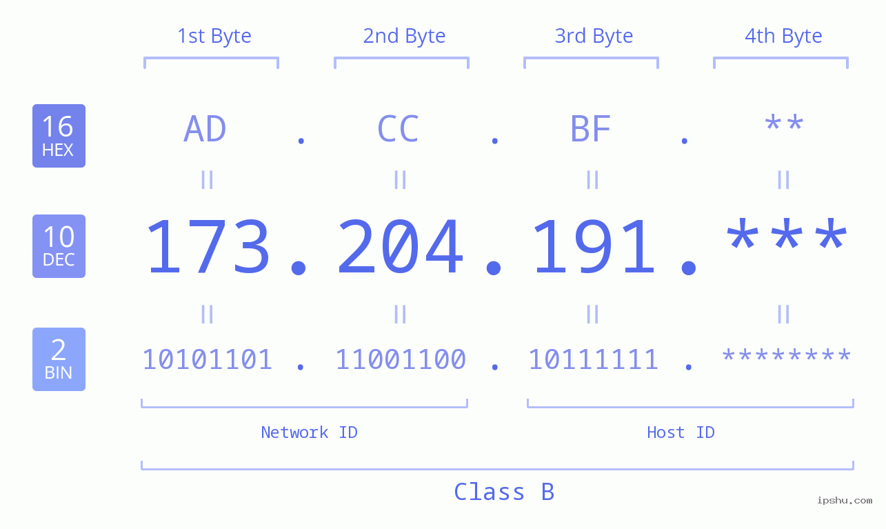 IP Address: 173.204.191 Data Structure Chart BIN DEC HEX IPv4: 173.204.191 Network Class, Net ID, Host ID