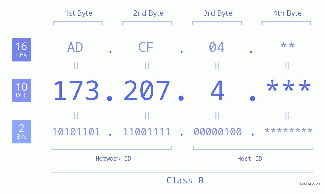 IP Address: 173.207.4 Data Structure Chart BIN DEC HEX IPv4: 173.207.4 Network Class, Net ID, Host ID