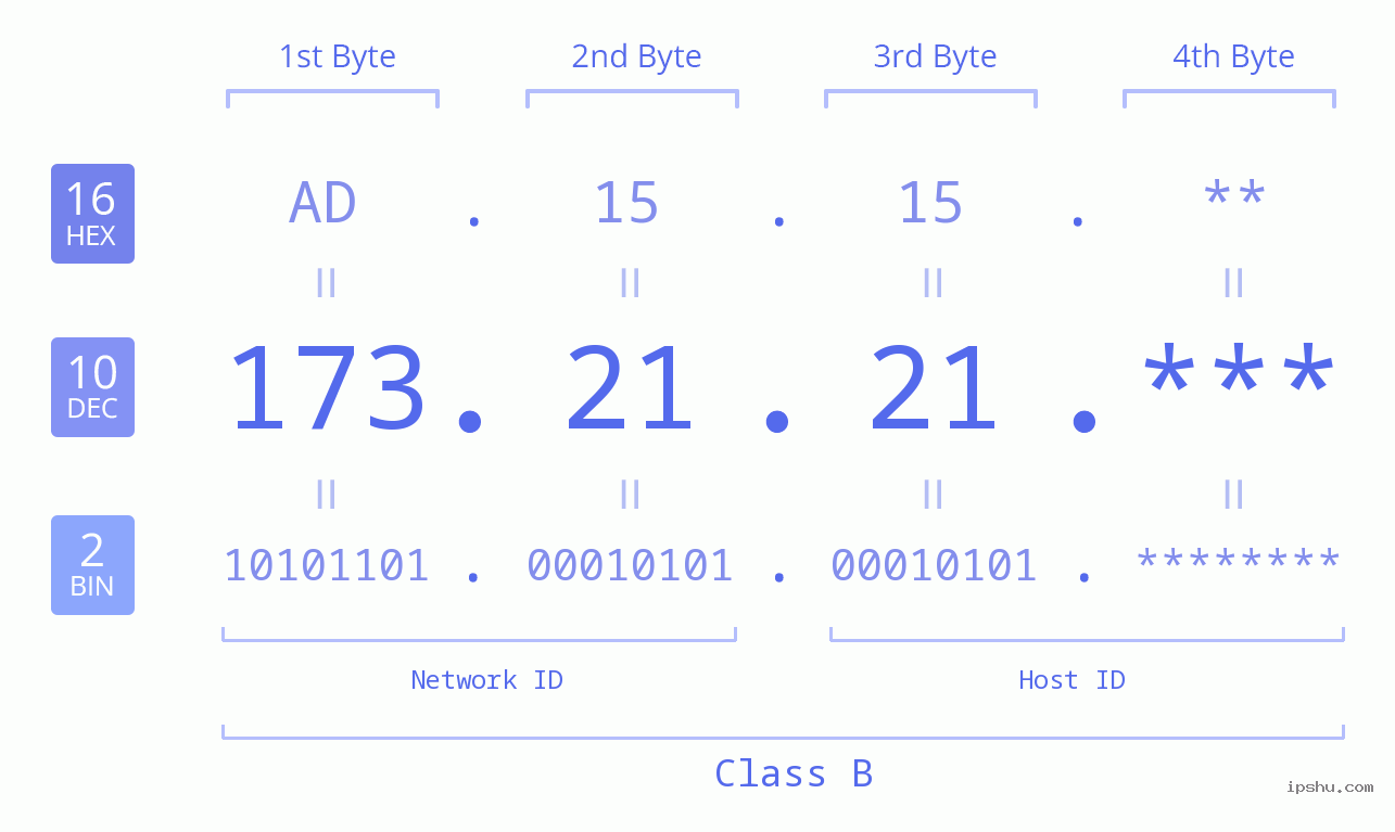 IP Address: 173.21.21 Data Structure Chart BIN DEC HEX IPv4: 173.21.21 Network Class, Net ID, Host ID