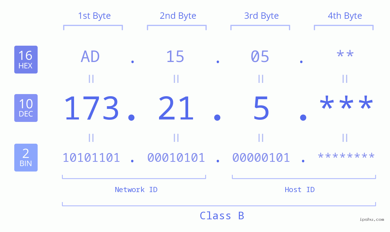 IP Address: 173.21.5 Data Structure Chart BIN DEC HEX IPv4: 173.21.5 Network Class, Net ID, Host ID