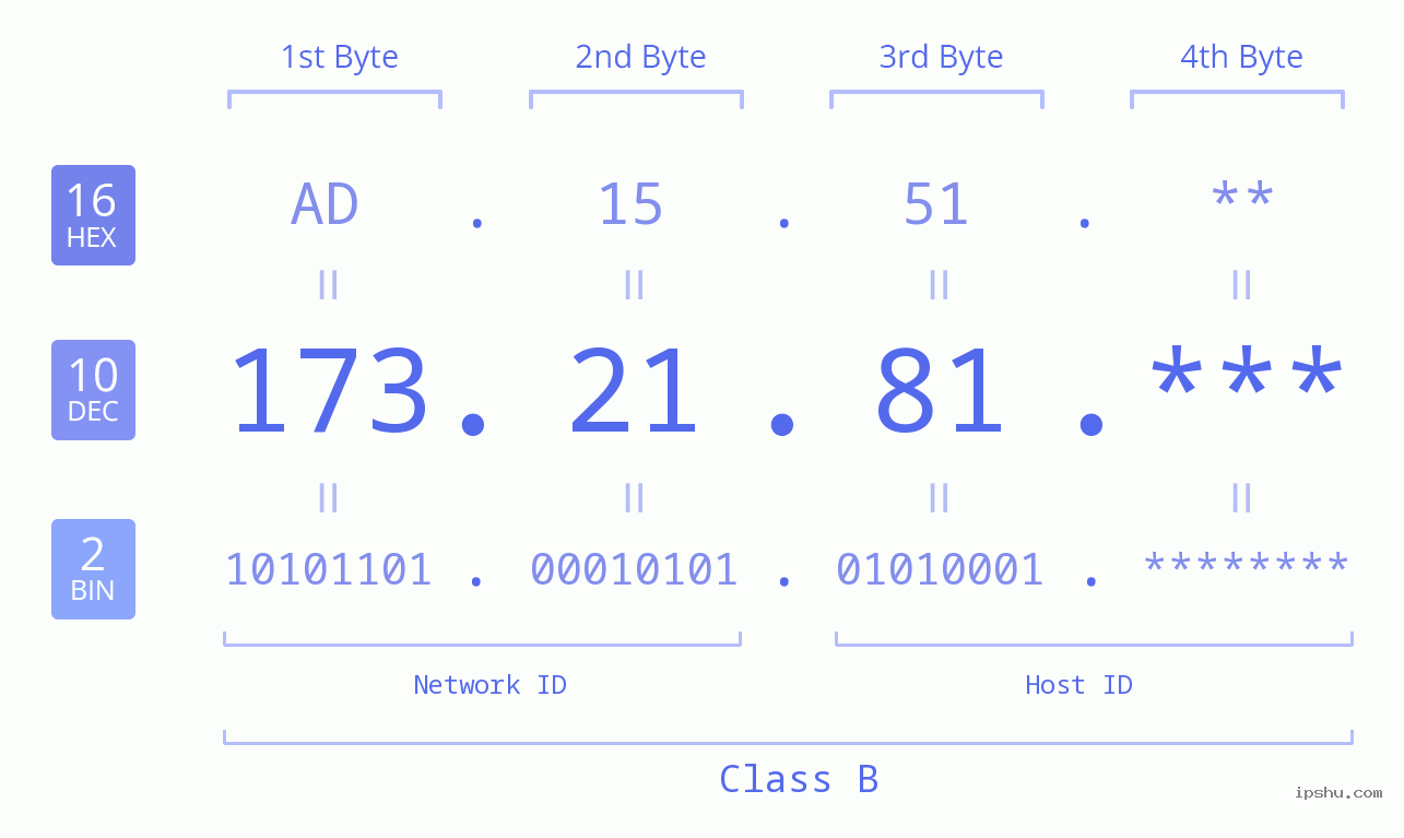 IP Address: 173.21.81 Data Structure Chart BIN DEC HEX IPv4: 173.21.81 Network Class, Net ID, Host ID