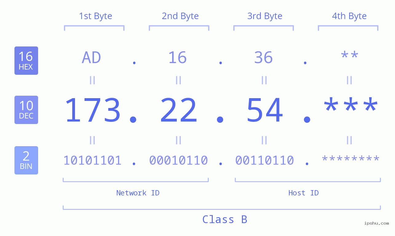 IP Address: 173.22.54 Data Structure Chart BIN DEC HEX IPv4: 173.22.54 Network Class, Net ID, Host ID