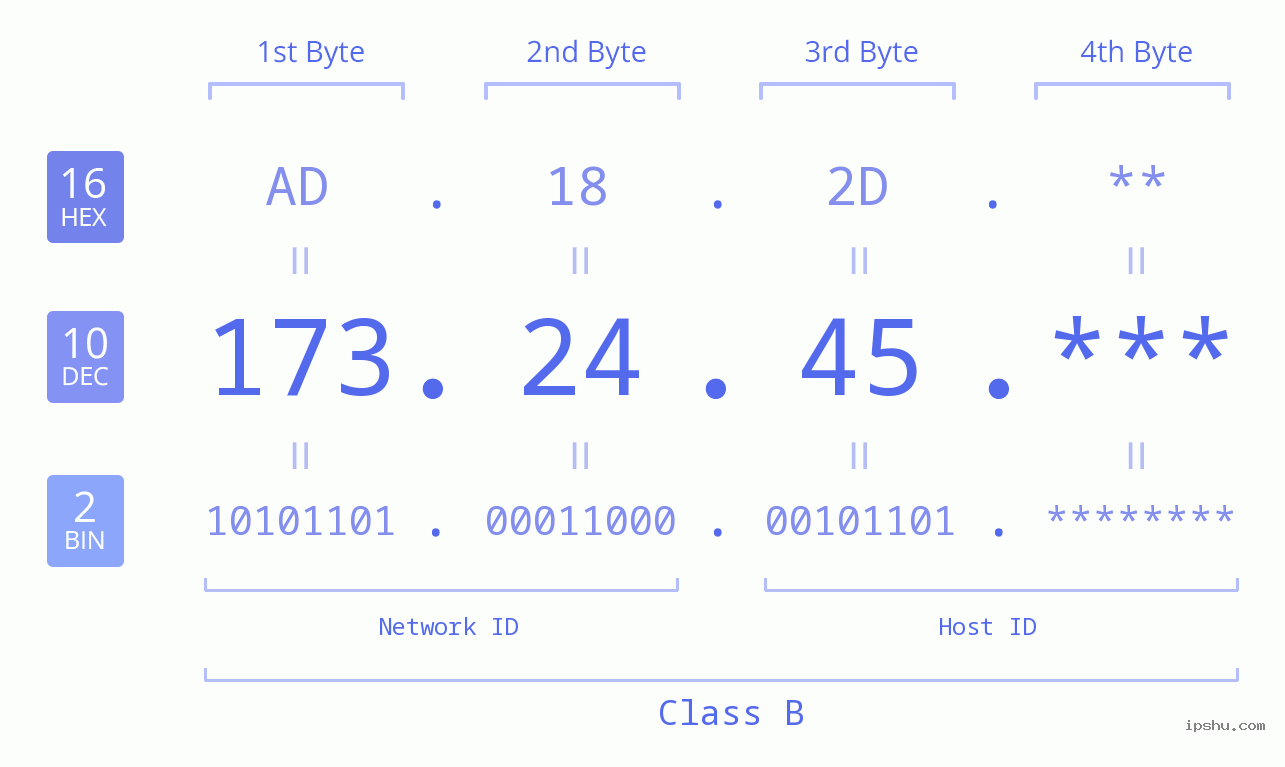IP Address: 173.24.45 Data Structure Chart BIN DEC HEX IPv4: 173.24.45 Network Class, Net ID, Host ID