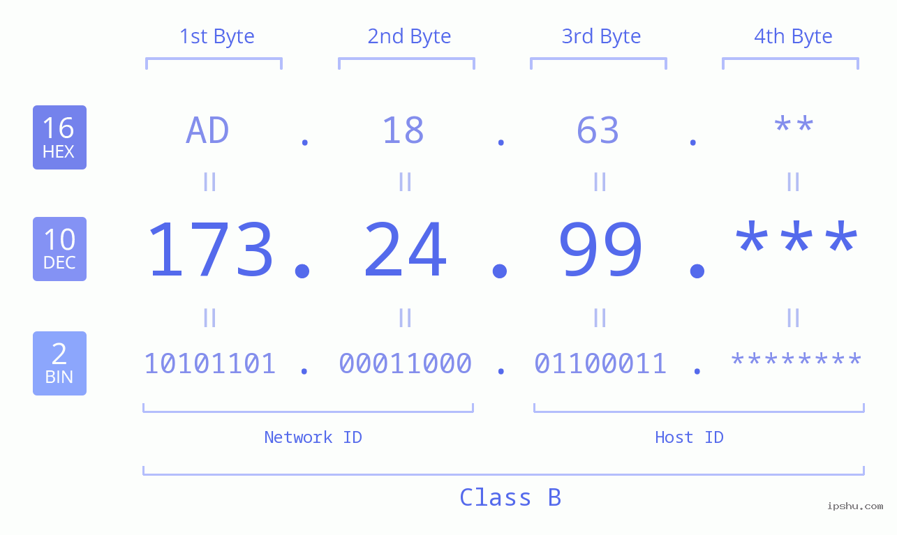 IP Address: 173.24.99 Data Structure Chart BIN DEC HEX IPv4: 173.24.99 Network Class, Net ID, Host ID