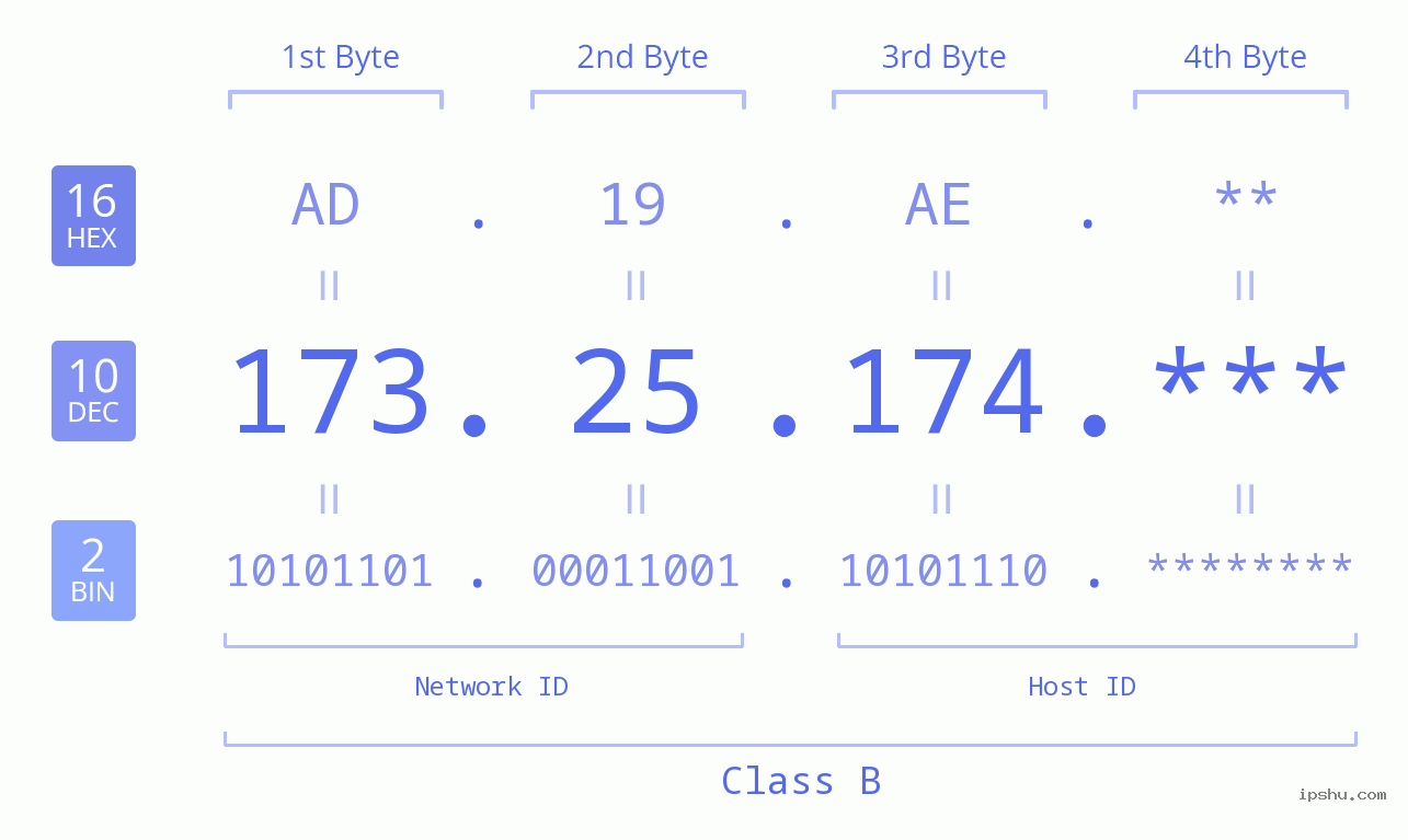 IP Address: 173.25.174 Data Structure Chart BIN DEC HEX IPv4: 173.25.174 Network Class, Net ID, Host ID