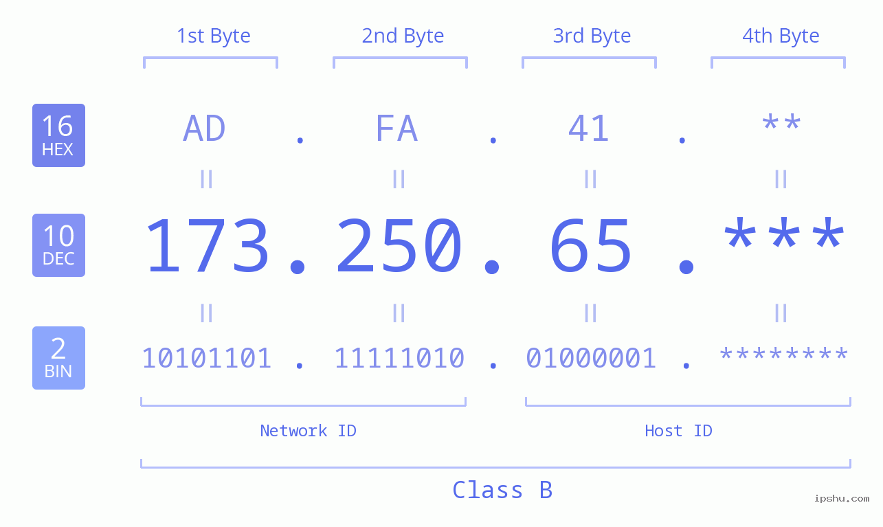 IP Address: 173.250.65 Data Structure Chart BIN DEC HEX IPv4: 173.250.65 Network Class, Net ID, Host ID