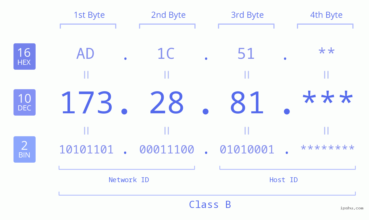 IP Address: 173.28.81 Data Structure Chart BIN DEC HEX IPv4: 173.28.81 Network Class, Net ID, Host ID