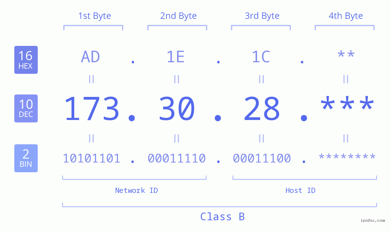 IP Address: 173.30.28 Data Structure Chart BIN DEC HEX IPv4: 173.30.28 Network Class, Net ID, Host ID